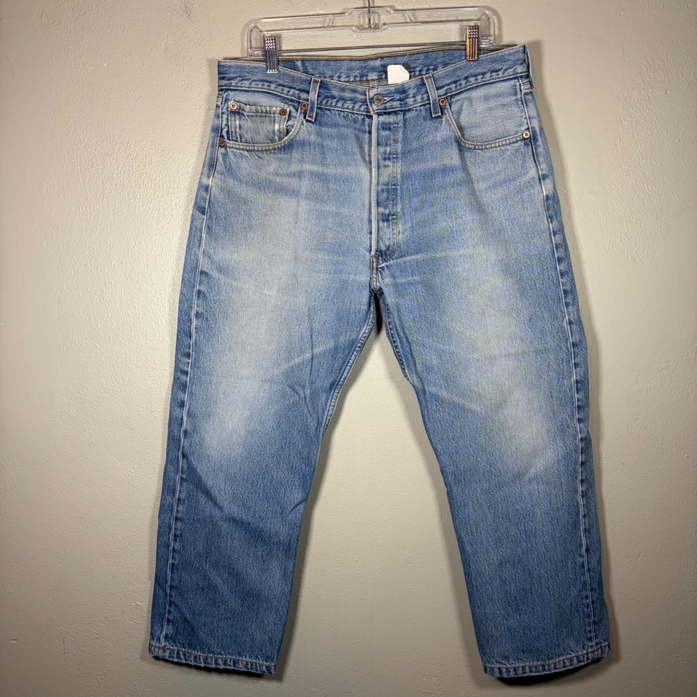 Levis 501 Mens Light Wash Straight Leg Button Fly Denim Jeans Blue 36x29